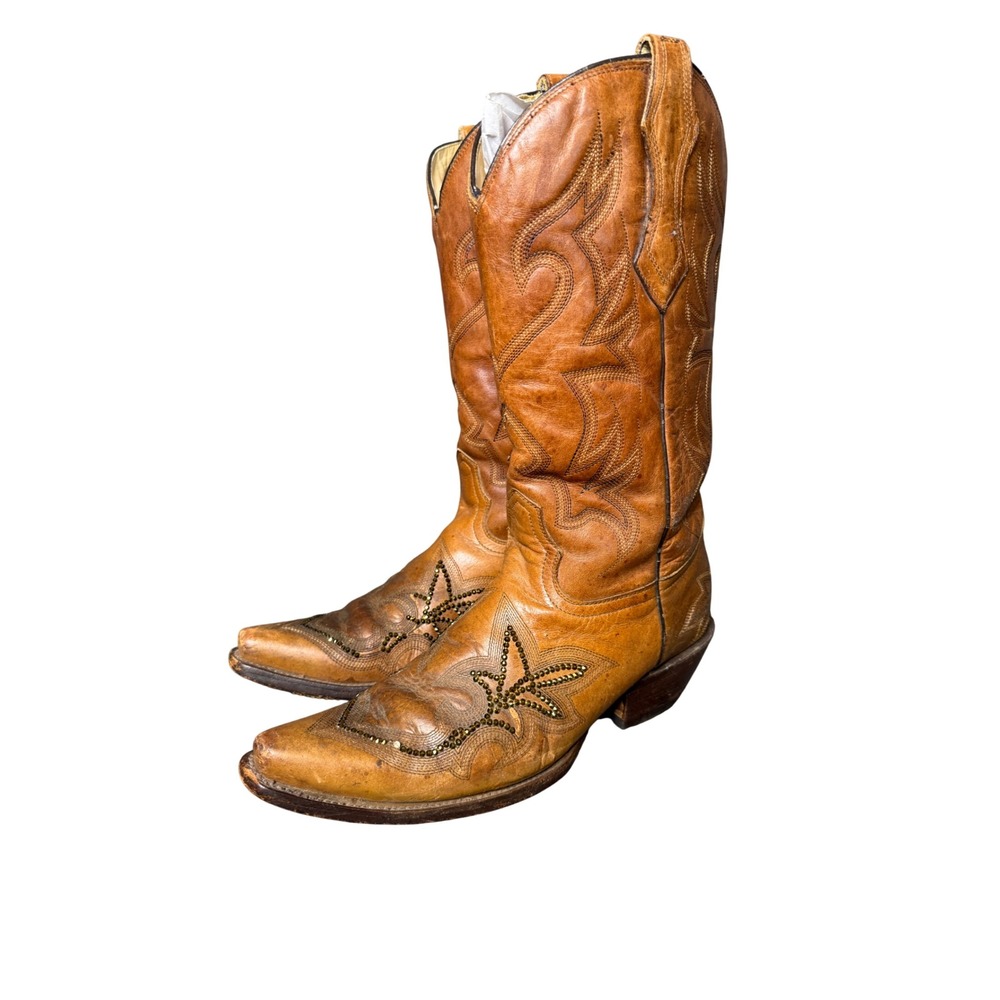 Corral Womens Tan Brown Leather Studded Embroidered Western Cowboy Boots 7.5 D